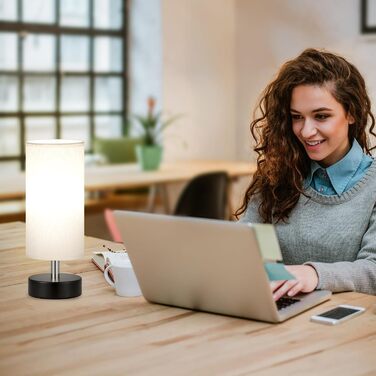 Нічна лампа Kakanuo з 3 колірними температурами, біла, з вимикачем, абажур з льону, для вітальні, спальні, офісу, дитячої кімнати (LED лампа в комплекті), колір A-білий+чорний