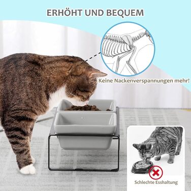 Сіра миска для кота з піднятим краєм - подвійна керамічна миска проти блювоти, легко миється, 2 x 480 мл, сірий колір