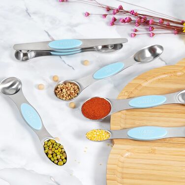 Recogwood 18-Piece Measuring Cup and Spoon Set, includes 10 stackable measuring cups with lids and 8 magnetic measuring spoon set for liquids and dry ingredients, BPA-free (blue)