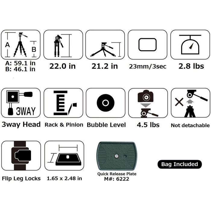 Штатив SLIK U884 4-ступеневий компактний легкий складаний з алюмінію для подорожей, DSLR/SLR, відео та фотокамер Canon, Nikon, Sony з 3-сторонньою головкою та сумкою - Чорний