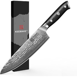 Ніж кухарський Keemake Дамаск 20 см, кухонний ніж з високоякісної сталі Дамаск 67 шарів з ручкою G10, ідеальний подарунок на День батька Ніж кухарський Keemake Дамаск 20 см, кухонний ніж з високоякісної сталі Дамаск 67 шарів з ручкою G10, ідеальний подарунок на День батька