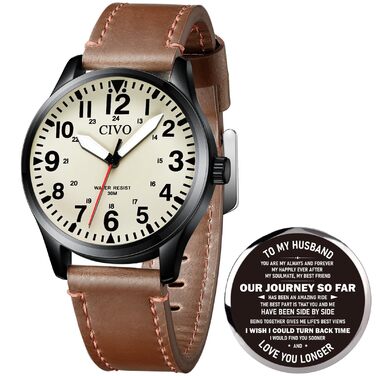 Чоловічий годинник CIVO водостійкий з шкіряним ремінцем, аналоговий кварц, великі цифри, світиться, військовий стиль, спортивний, для активного відпочинку, легко читати, подарунок