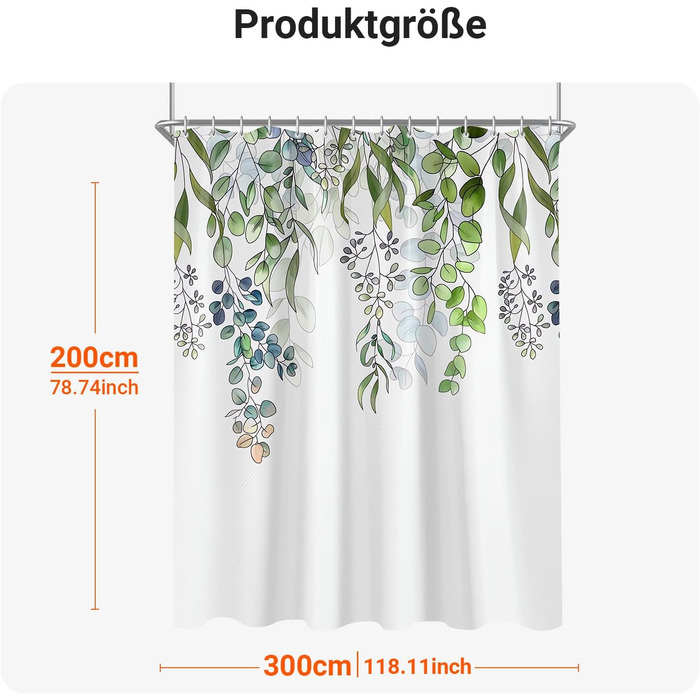 Штора для душу 300x200 см, зелені листки, антигрибкова, текстильна, з обтяженим краєм, водовідштовхувальна, поліестер, з кільцями та 16 гачками для ванної кімнати