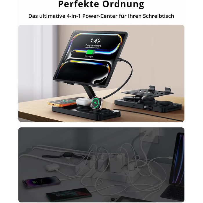 Зарядна станція GEEKERA 4-в-1 для Apple: магнітне індуктивне зарядне для iPhone, iPad, Apple Watch та AirPods, вбудований кабель, металевий чорний