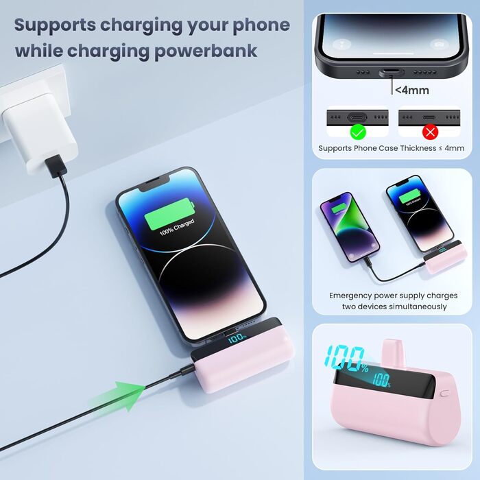 Power Bank Feob Mini 5200mAh 20W PD: Компактний акумулятор для iPhone з LED-дисплеєм (фіолетовий/рожевий)