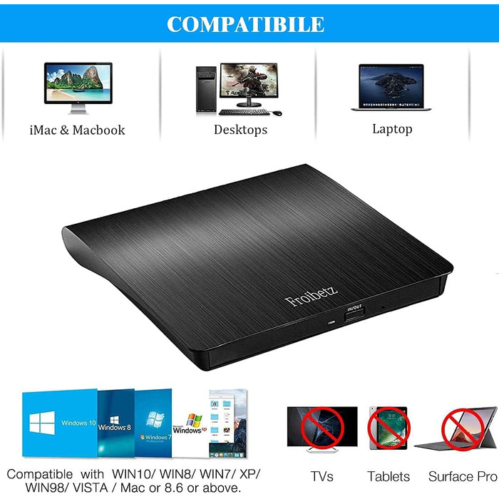 Зовнішній DVD-привід Antika USB 3.0: CD/DVD Brenner, записувач та зчитувач +/-RW для ноутбука та ПК (Windows, macOS, Linux), чорний