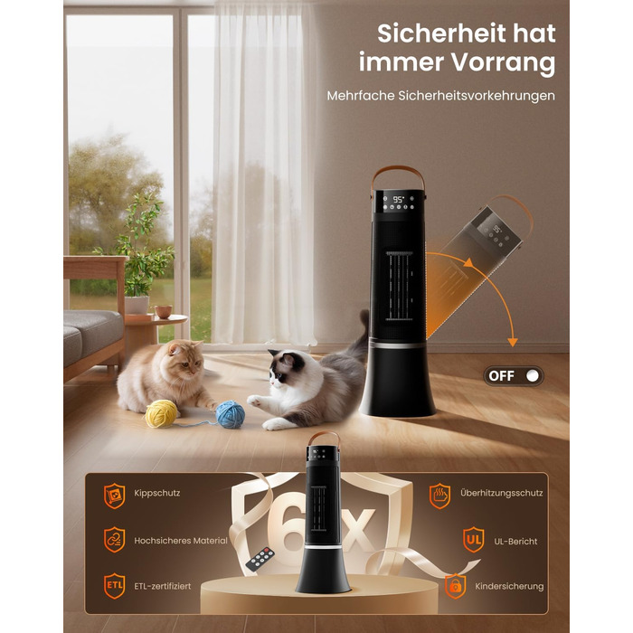 Електричний обігрівач 2000W з керамічним PTC нагрівачем, 75° обертання, термостат, тиха електропіч, 3 режими, таймер 24 години, захист від перегріву та перекидання