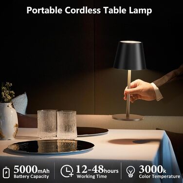 Світлодіодний акумуляторний настільний світильник 26 см, 5000mAh, IP54, чорний - кемпінговий ліхтар для ресторану, спальні, бару