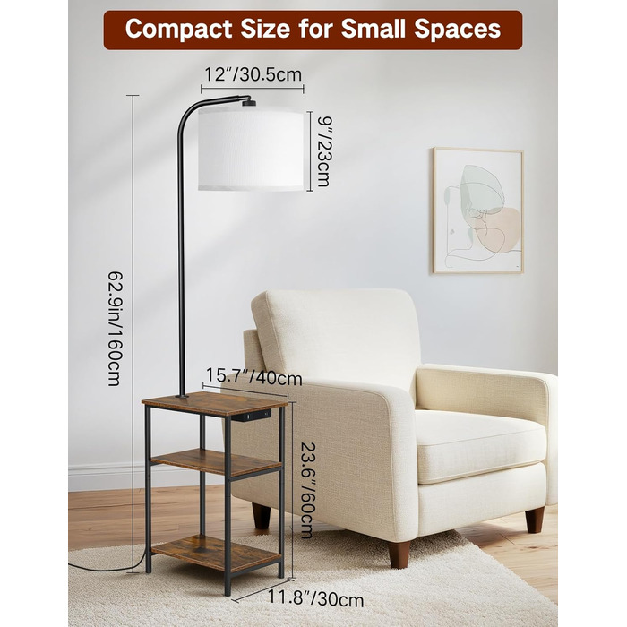 Стійка лампа для вітальні з поличкою та столом, регульована LED лампа з пультом, 3 колірні температури, приліжний столик з функцією зарядки та полицею, дерев'яний столик для спальні, офісу, коричневий в стилі рустік