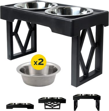 Набір мисок для собак Pet Zone Designer Diner: регульована підставка, 4 миски з нержавіючої сталі, різні розміри (7, 20.3, 30.5 см), чорний колір