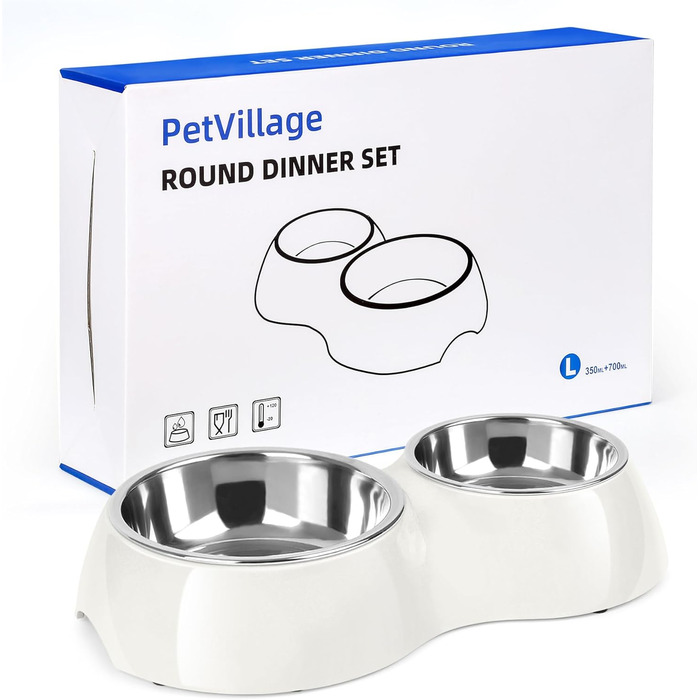 Набір мисок для собак Petvillage з нержавіючої сталі, подвійний набір мисок з антиковзким покриттям (113 г x 2) та міцним підставкою з смоли, годівниця для цуценят, кошенят та маленьких собак (Великий, Білий/Розкішний сад)