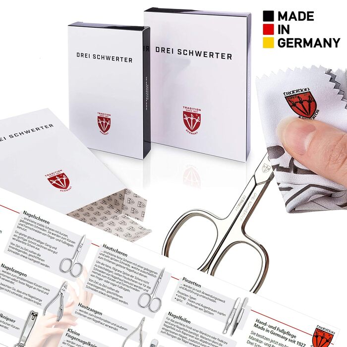 Набір манікюру Drei Schwertter 'Olbia' 6 предметів - нігетюї з натуральної шкіри червоного кольору | Ніж для шкіри, ножиці для нігтів, пінцет скошений, двосторонній інструмент, кусачки для нігтів, напільник з сапфіру червоного кольору - ЕКОШКІРА