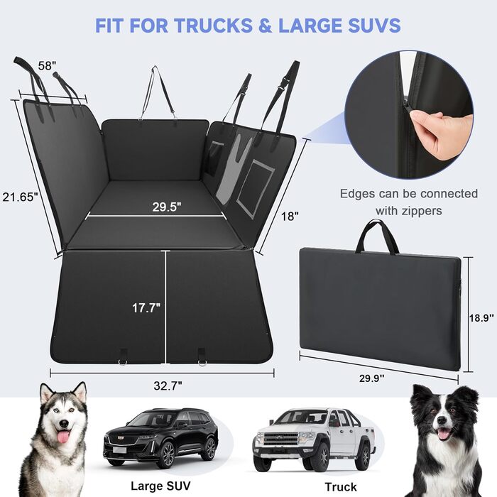 Захист для заднього сидіння автомобіля для собак з жорстким дном, 400 lbs, водовідштовхувальний, з сіткою, чорний, розмір L (147x75 см), штучна шкіра