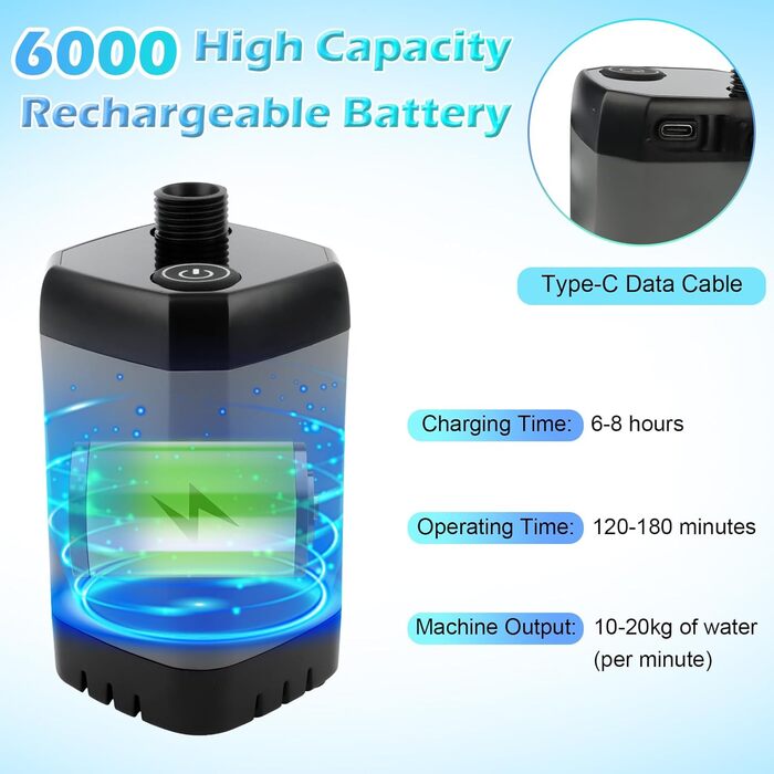 Портативна кемпінгова душова з акумулятором та помпою, 6000mAh. Мобільний душ для кемпінгу, подорожей, саду, піших прогулянок та миття автомобіля. З душовою насадкою та шлангом, складаний бак.