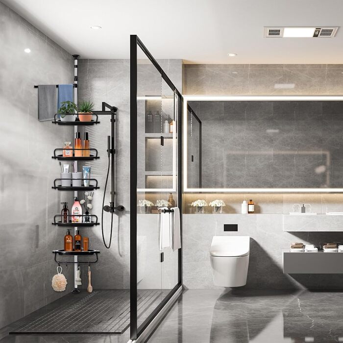 NEMMXUB Telescopic Shower Shelf No Drilling, Height-Adjustable Corner Stainless Steel Corner Shelf Bathroom Shelf with 5 Baskets and 1 Towel Holder, 4 Hooks for Shower, Bathroom, and Household, Height Adjustable from 95-320 cm