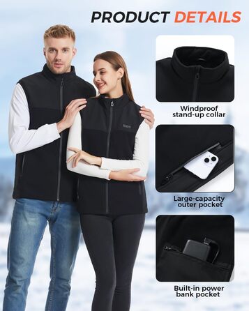 Електрична гріюча жилетка з флісу для чоловіків та жінок, 13 зон обігріву, 3 режими температури, Powerbank 10000mAh, Ritter, чорна