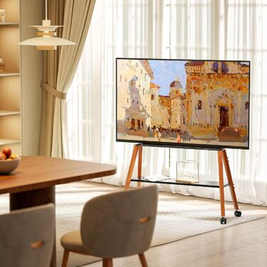 Підставка для телевізора ECOTINY на колесах для 49-75 дюймів, до 40 кг, Easel Design, металева конструкція та полиця з дерева, чорна