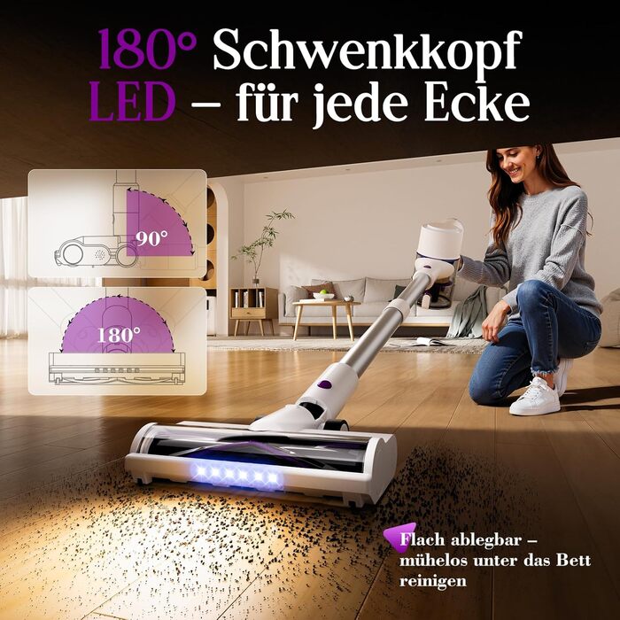 Бездротовий акумуляторний пилосос 45000 Па, 60 хв, 1.75 кг, 6-в-1 з сенсорним екраном, LED-підсвічуванням, антизаплутувальною насадкою та зарядною станцією, 7-шарова фільтрація для шерсті тварин, килимів, твердих поверхонь, авто, білий з фіолетовим