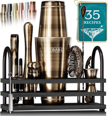 Bare Barrel® Cocktail Shaker Set - 14 Piece Mixology Bar Set with Boston Shaker, Martini Accessories, & Recipe Cards - Perfect Home Bartender Gift Set