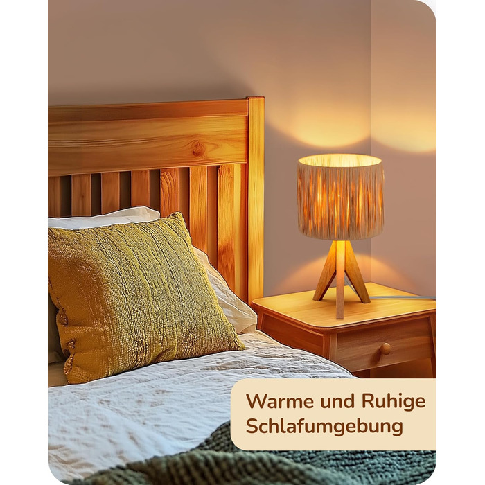 EDISHINE Настільна лампа з ручним плетінням, тепле світло 2700K, з дерев'яною підставкою, Boho стиль, для спальні, вітальні, готелю, з LED лампою E27 4W (рафія)