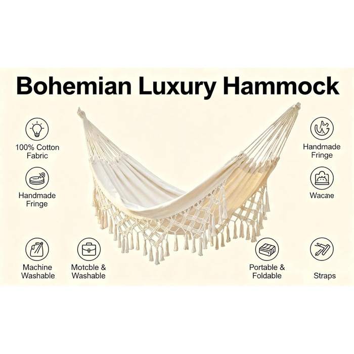 Гамак для дому та вулиці Boho Makramee подвійний великий бавовняний м'який для двох осіб (білий)
