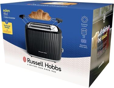 Тостер Russell Hobbs Eden: 2 відділення, 6 рівнів підсмажування, підйом, розморожування, підігрів, крихтозбірник, насадка для бургерів, чорний (27374-56)