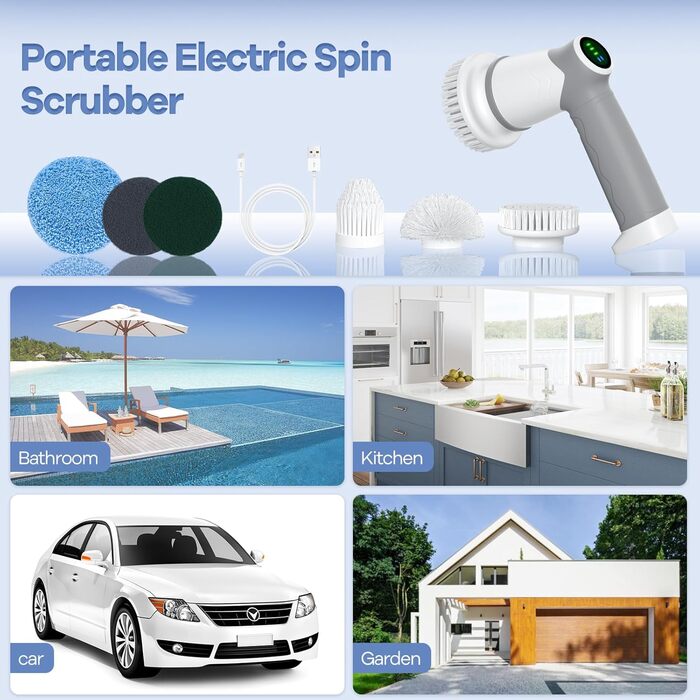 Electric Cleaning Brush for Bathroom, Electric Cleaning Brush with LED Display, Spin Scrubber with 5 Brush Heads, Handheld Cleaning Brush for Household, Floor, Car Tires, Type-C Fast Charging, 2 Modes