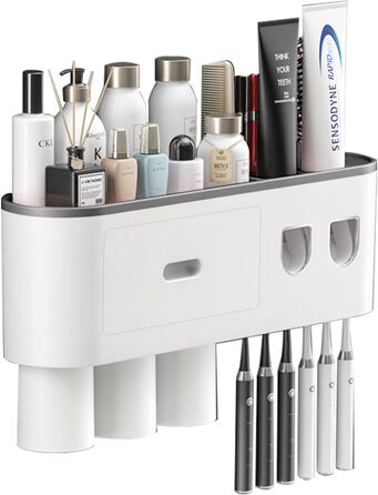Toothpaste Dispenser Bathroom Toothbrush Holder Set, Wall-Mounted Toothbrush Holder with Double Automatic Toothpaste Dispenser, 3 Cups and Drawer for Bathroom