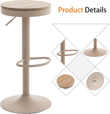 Kidol Adjustable Height Bar Stools 2-Pack - 360° Swivel, Round Wood Seat, Metal Frame - Kitchen/Bar/Living Room Stools