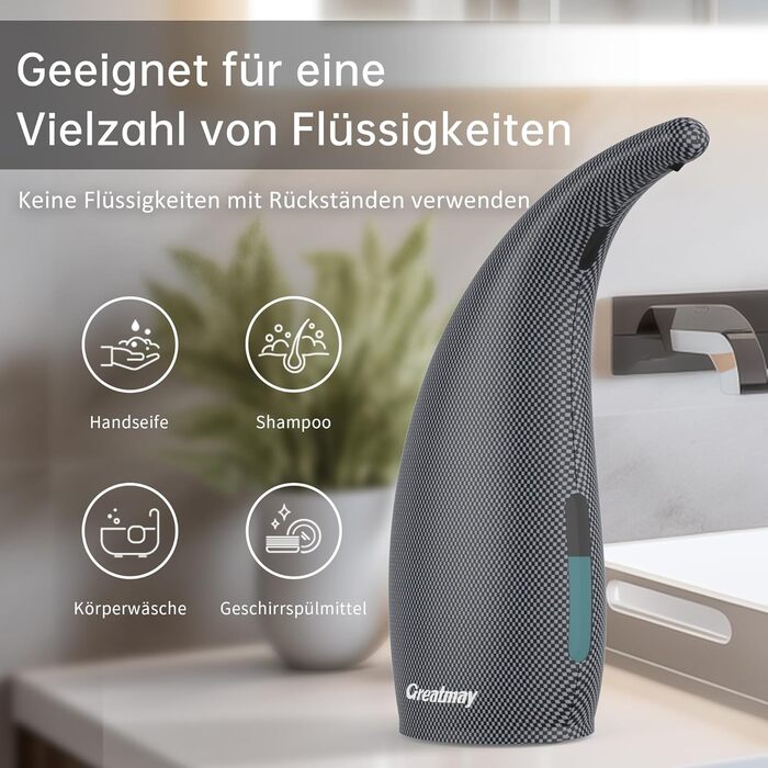 Greatmay Automatic Touchless Soap Dispenser - 300ml Electric Battery Operated with 4 Adjustable Levels - IPX6 Waterproof for Bathroom, Kitchen