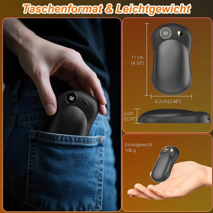 Електричні грілки для рук, 2 шт. 10000mAh з USB-C, цифровим дисплеєм, 3 режими нагріву, багаторазові для зими, подорожей та активного відпочинку