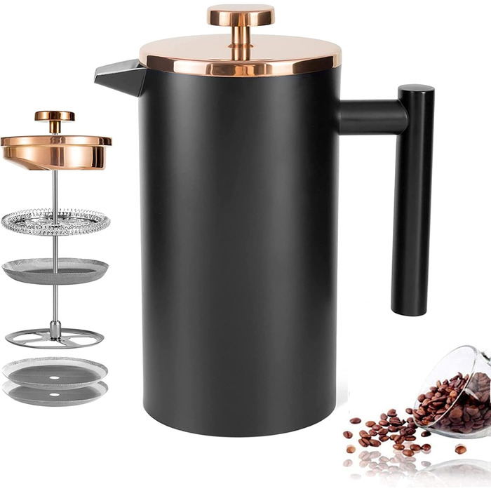 French Press MaxMiuly: Френч-прес для кави, 0.65 л, 3 чашки, нержавіюча сталь, термоізольований, чорний