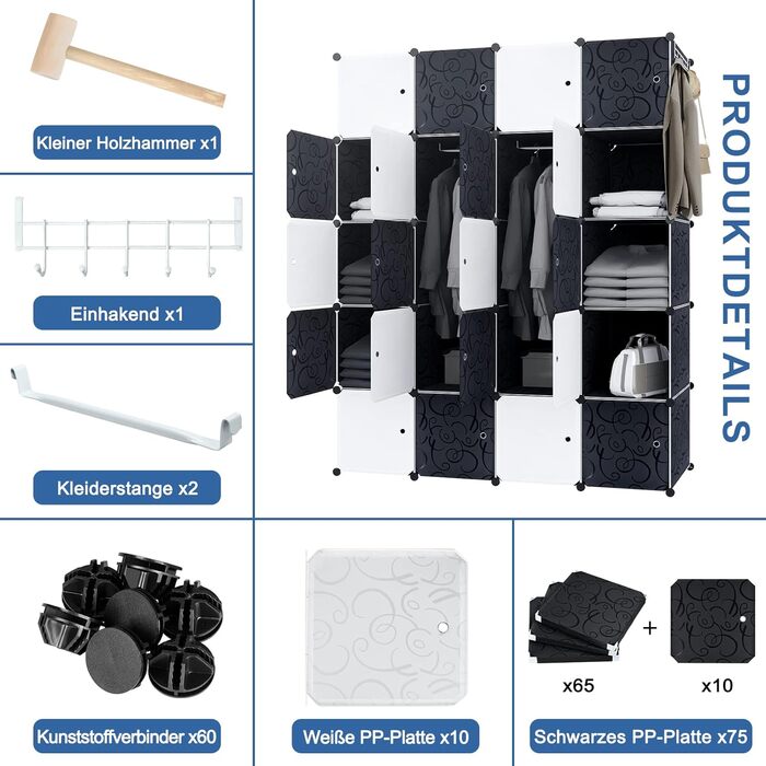 NAIZY Wardrobe Black DIY Plastic Shelf System Clothes Closet Storage Shelf Plug-in Shelf System with Door Plastic Cabinet (16 Cubes, with 2 Clothes Rods) (20 Cubes, with 2 Clothes Rods)