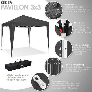KESSER® Gazebo 3x3m | Includes Bag | Pop-Up Click System | Waterproof | UV Protection 50+ | Folding Gazebo | Garden Gazebo | Garden Tent | Party Tent | Metal Braces | Anthracite