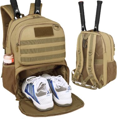 BlesMaller Tactical Tennis Backpack with Shoe Compartment & Racket Protection - Unisex Tennis Bag (Brown)
