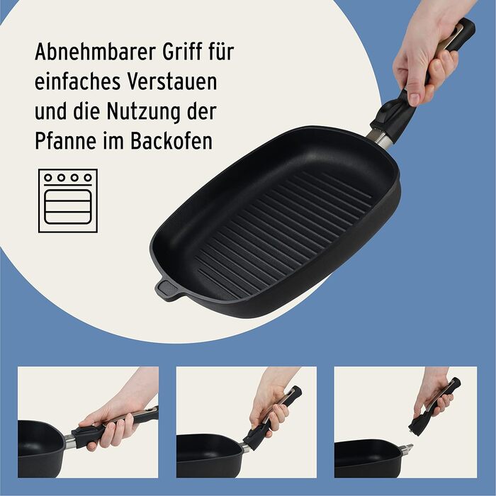 Гриль-сковорода індукційна 28x28 см, ручний огляд якості (Німеччина) | Для всіх типів плит | Знімний руків'я | Рівномірний нагрів | Легке очищення