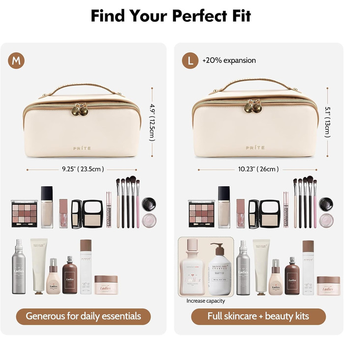 Косметичка велика містка для подорожей, водонепроникна з PU-шкіри, з прозорими перегородками та ручкою, бежева