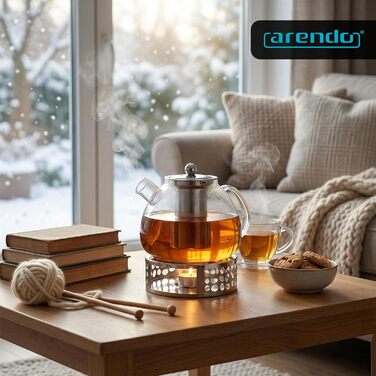 Скляний чайник Arendo з підставкою для підігріву та ситом, 1500 мл, термостійке боросилікатне скло, для листового, трав'яного та фруктового чаю