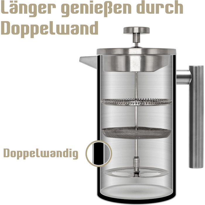 Набір для приготування кави френч-прес, 1 літр, з молочний спінювач, з нержавіючої сталі, термоізольований
