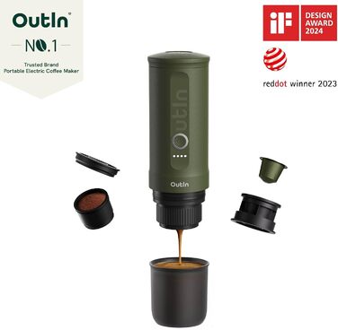 Outin Nano Portable Electric Espresso Machine, Camping Coffee Maker, Self-Heating with USB-C, Compatible with Ground Coffee & Nespresso Capsules, Forest Green