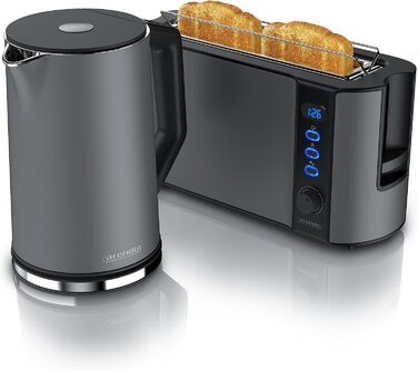 Arendo Kettle and Toaster SET Stainless Steel Cool Grey, Kettle 1.5L 40°-100°C Keep Warm Function, Toaster 2 Slice LED Display 6 Browning Levels, Bread Tray, A: Cool Grey