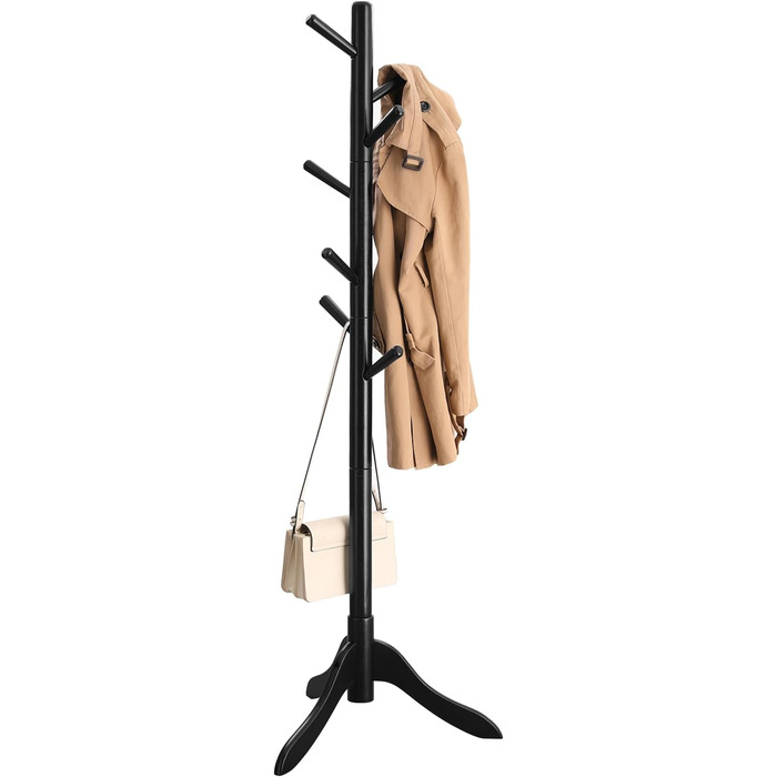 VASAGLE Coat Rack, Solid Wood Clothes Rack, Coat Stand with 8 Hooks, Tree Shape, 3 Adjustable Heights, for Coats, Jackets, Bags, for Entryway, Bedroom, RCR01GY (Black)