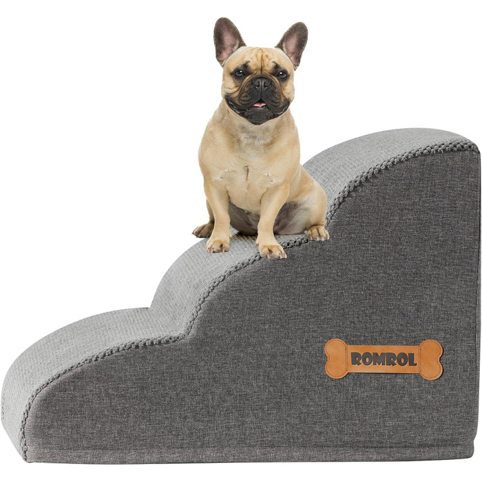 Сходинка для собак та котів ROMROL 3 сходинки - сіра, з неслизьким покриттям, з високощільним пінополіуретаном, для допомоги при входженні на диван та ліжко, захист суглобів