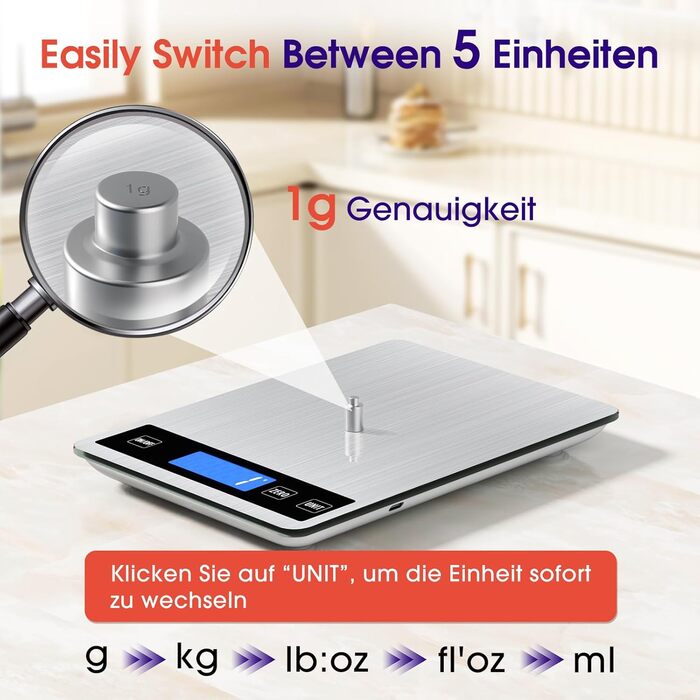 Кухонні ваги цифрові 15 кг, перезаряджувані, з LCD-дисплеєм та функцією тарування, водонепроникні, преміум-якість, чорний/білий