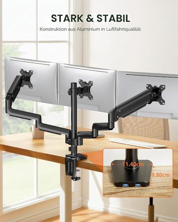 Кронштейн для 3 моніторів ErGear (13-27 дюймів), тримач для екранів з 2 USB-портами, VESA 75/100, навантаження до 8 кг на руку, чорний