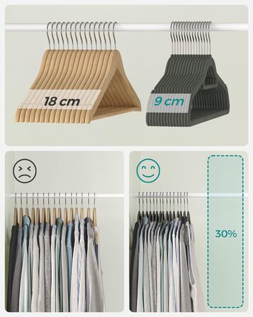 Плечики SONGMICS для одягу, 20 шт., велюрові, нековзні, для краваток, 360° обертання, 0,6 см, економія місця, 43,5 см, для пальто, штанів, срійно-сірий