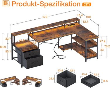 ODK L-Shaped Desk with Drawers, Reversible Corner Desk with LED & Power Strip, Large 189.3x100cm (Vintage Brown)
