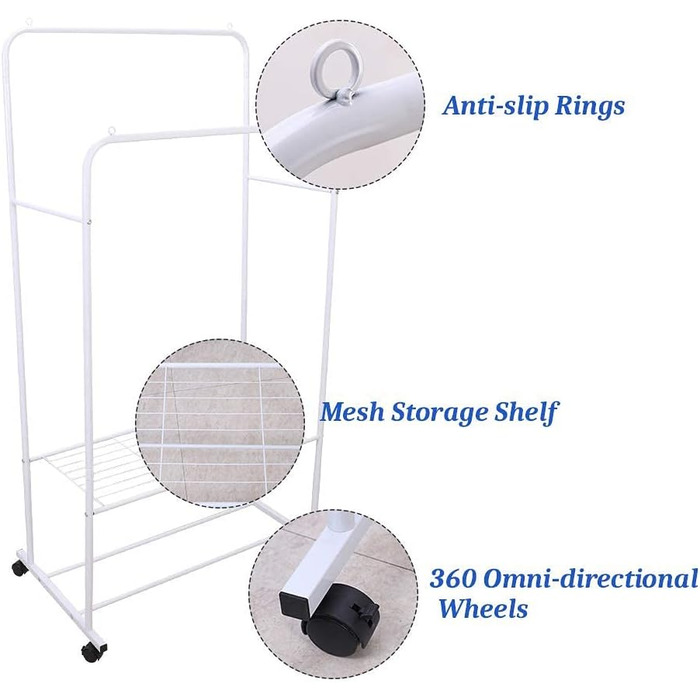 Rolling Clothes Rack, Metal Garment Rack with 2 Shelves, 2 Clothes Rods, for Shop Bedroom Dressing Room, White
