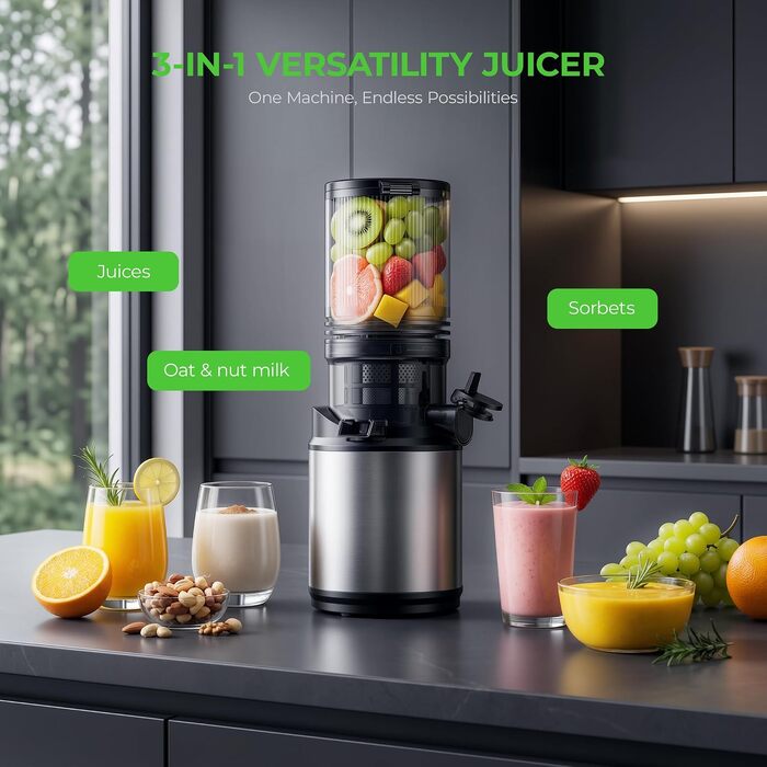 Електрична соковижималка для овочів та фруктів Slow Juicer, шнекова соковижималка для смузі та сорбету, широкий завантажувач 130мм, 250Вт, срібляста
