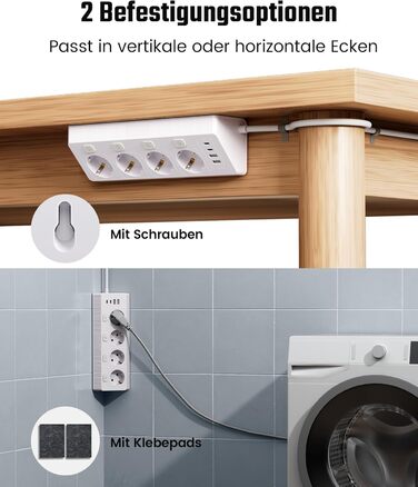 Розетка кутова з 2 USB та 2 Type-C, 16A/3840W, настінна, з кабелем 2м, для офісу, кухні та вітальні, біла